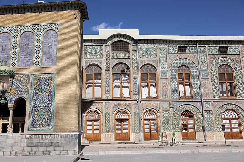 Damage caused by U.S. and Israeli strikes seen on the facade of the Golestan Palace in Tehran, Iran, March 3, 2026.