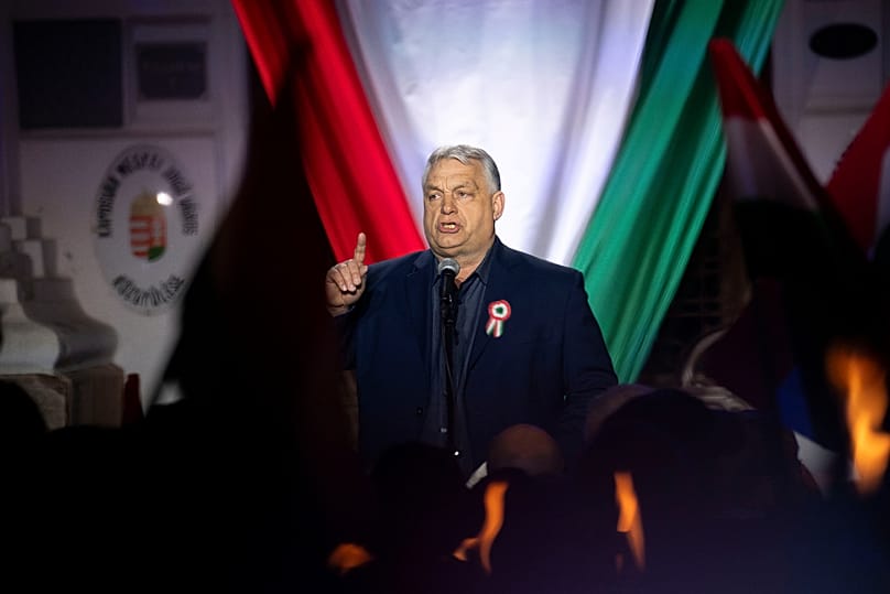 Ungarns Ministerpräsident Viktor Orbán bei einem Wahlkampfauftritt in Kaposvár, Umgarn am 16. März 2026