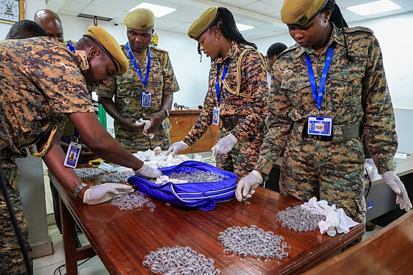 Kenyan wildlife officers sort live queen garden ants in court as two men face charges for smuggling them through Jomo Kenyatta Int'l Airport in Nairobi, Kenya, March 17 2026