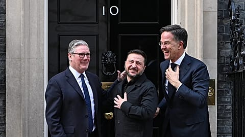 Britain's Prime Minister Keir Starmer Ukrainian President Volodymyr Zelenskyy and NATO Secretary General Mark Rutte after a meeting in London, Tuesday, March 17, 2026.