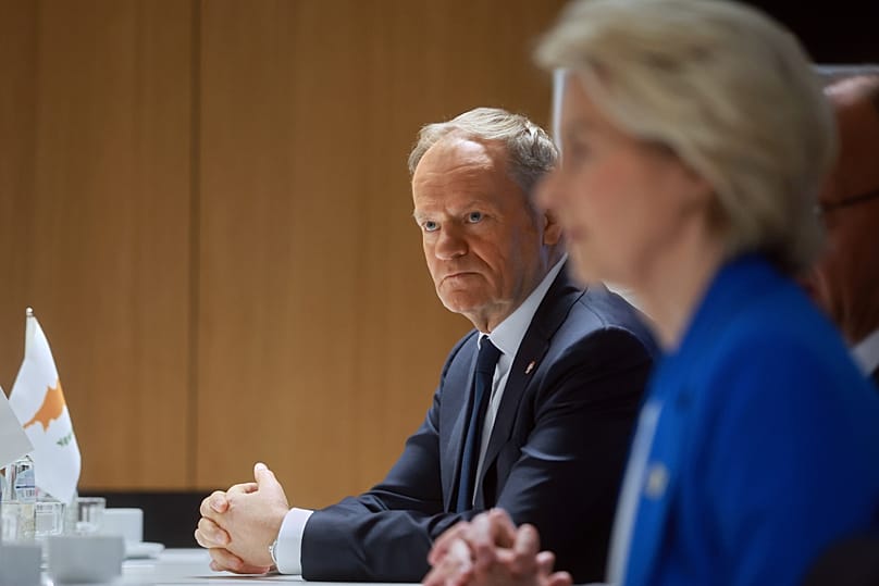 European Commission President Ursula von der Leyen and Poland's Prime Minister Donald Tusk at a meeting on migration at the EU Summit in Brussels, 18 December 2025