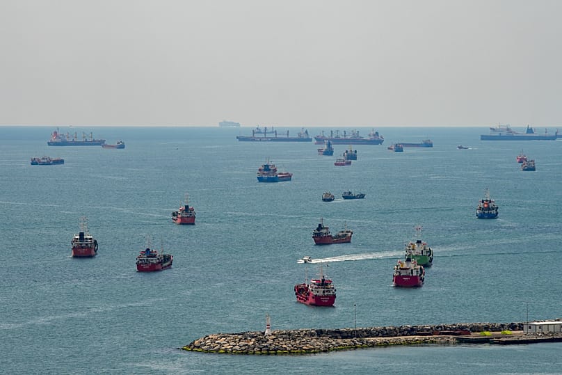 Cargo ships are anchored in the Sea of Marmara as they await to cross the Bosphorus, 13 April, 2025