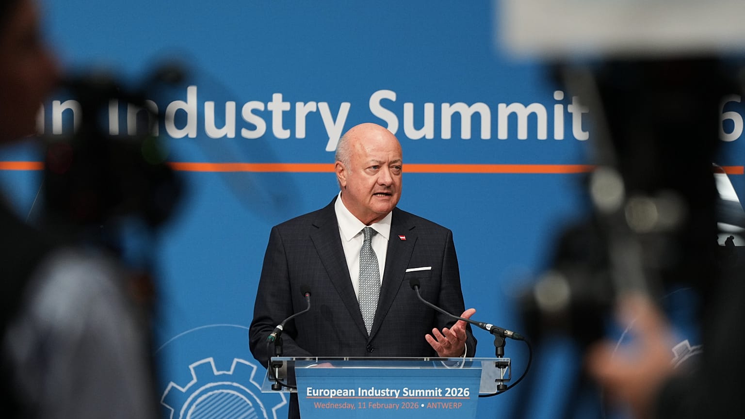 Austria's Chancellor Christian Stocker speaks during the European Industry Summit in Antwerp, Belgium, Wednesday, Feb. 11, 2026