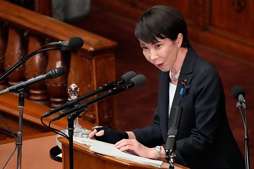 Japan’s Prime Minister Sanae Takaichi speaking to Parliament in Tokyo, Feb. 20, 2026. (AP Photo/Eugene Hoshiko)