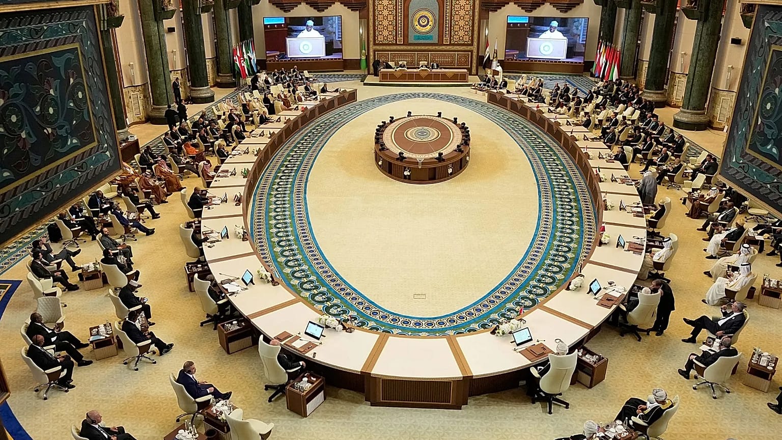Arab leaders attend the opening session of the 34th Arab League summit, in Baghdad, Iraq, Saturday, May 17, 2025