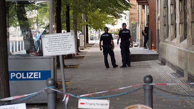 Police patrol in front of the 'New Synagogue' at Oranienburger Strasse in Berlin, Germany, Thursday, Sept. 24, 2020.