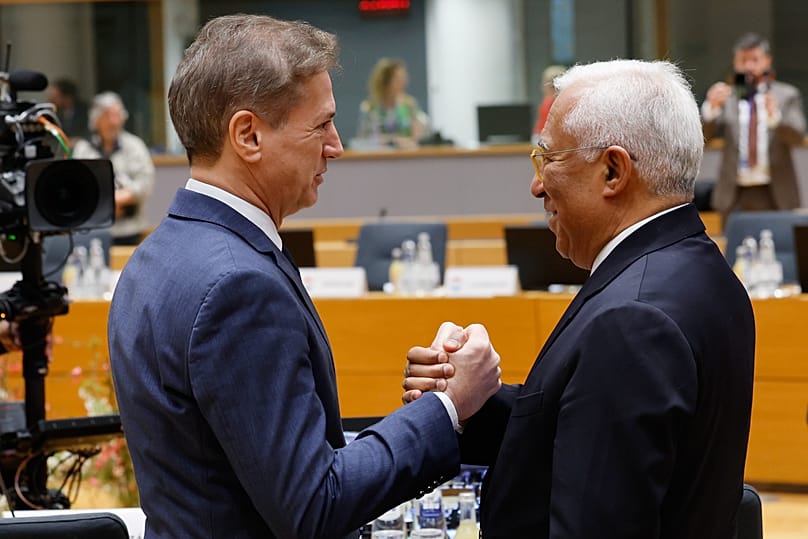 European Council President António Costa greets Slovenia's Prime Minister Robert Golob at the EU summit in Brussels, 19 March, 2026