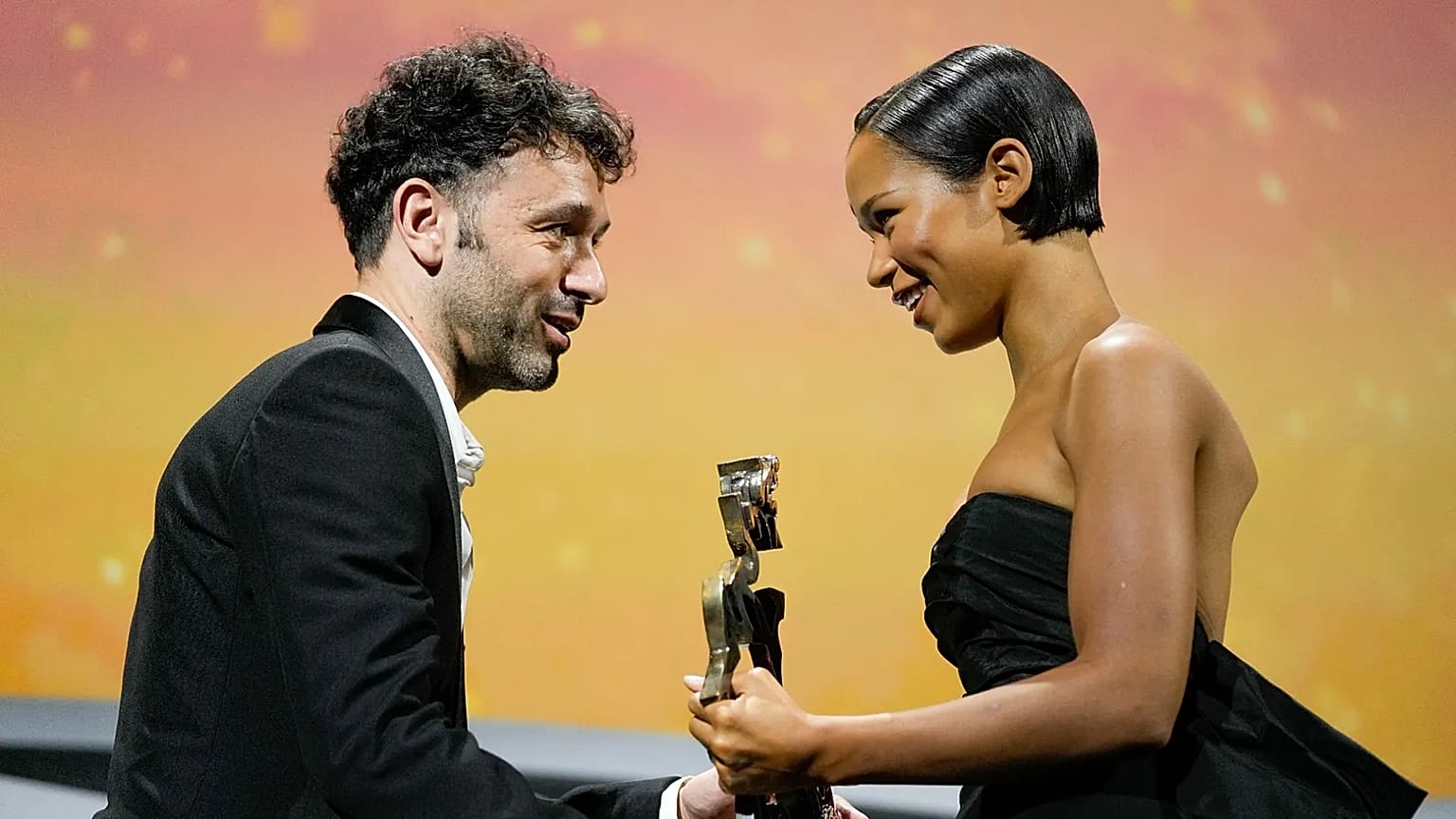 FILE: Rodrigo Sorogoyen presents Taylor Russell with the Marcello Mastroianni Award for Best Young Actress for 'Bones and All' at the 79th Venice Film Festival.