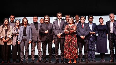 Culture Minister Ernest Urtasun, in the centre of the image, during the presentation of the body at Madrid's Galileo hall