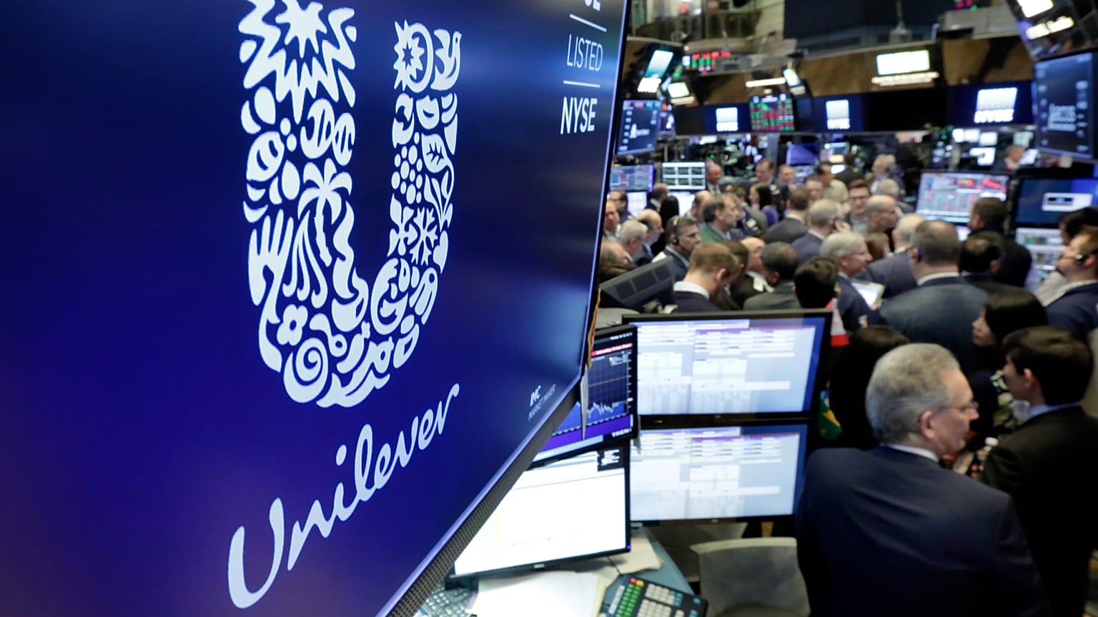File - 2018 file photo, showing the logo for Unilever appears above a trading post on the floor of the New York Stock Exchange.  15 March 2018