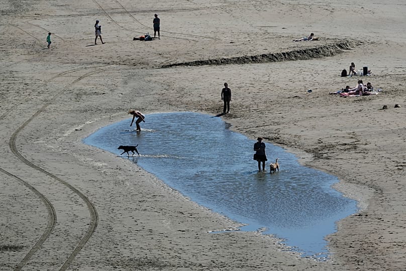 İnsanlar ve köpekler, 17 Mart 2026 Salı günü San Francisco'daki Ocean Beach'te büyük bir su birikintisinde yürüyor. 