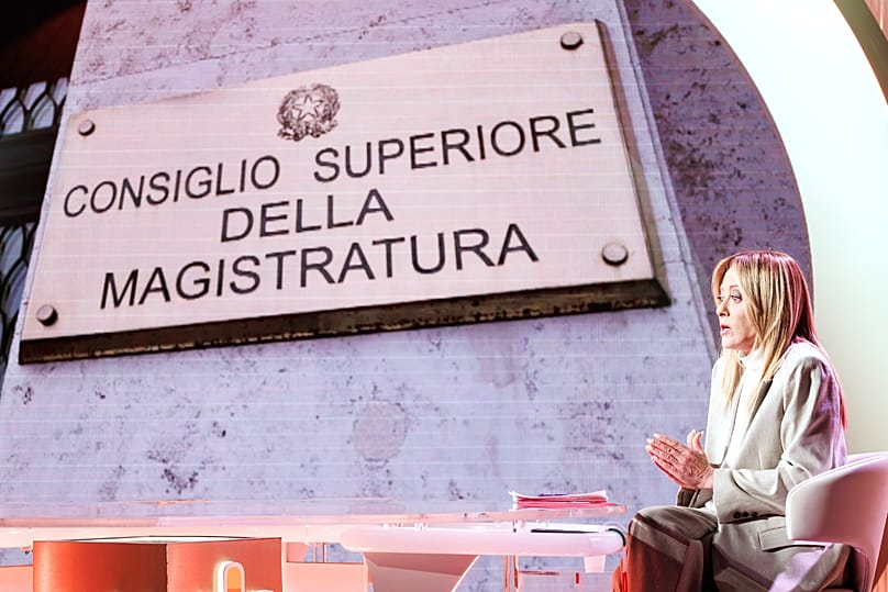 Italian premier Giorgia Meloni speaks about the upcoming referendum on a judicial reform on state television in Rome, Friday, March 20, 2026. 