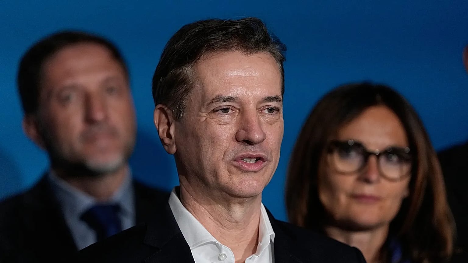 Prime Minister incumbent Robert Golob addresses the media after his 'Svoboda' movement won majority of votes in the election, in Ljubljana, Slovenia, Sunday, March 22, 2026