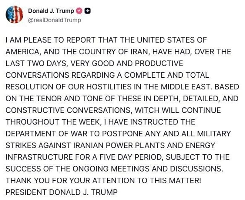 Mensaje de Dondal Trump en el que explica los avances en las conversaciones con Irán y postpone los ataques a instalaciones energéticas.