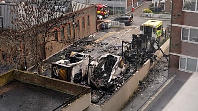 Burnt Ambulances in a car park at Golders Green in London, Monday, March 23, 2026 after an apparent arson attack on four vehicles belonging to a Jewish ambulance service.