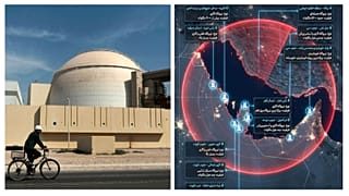 اینفوگرافی اهداف باالقوه ایران در منطقه (راست) و نیروگاه برق بوشهر ایران (چپ)