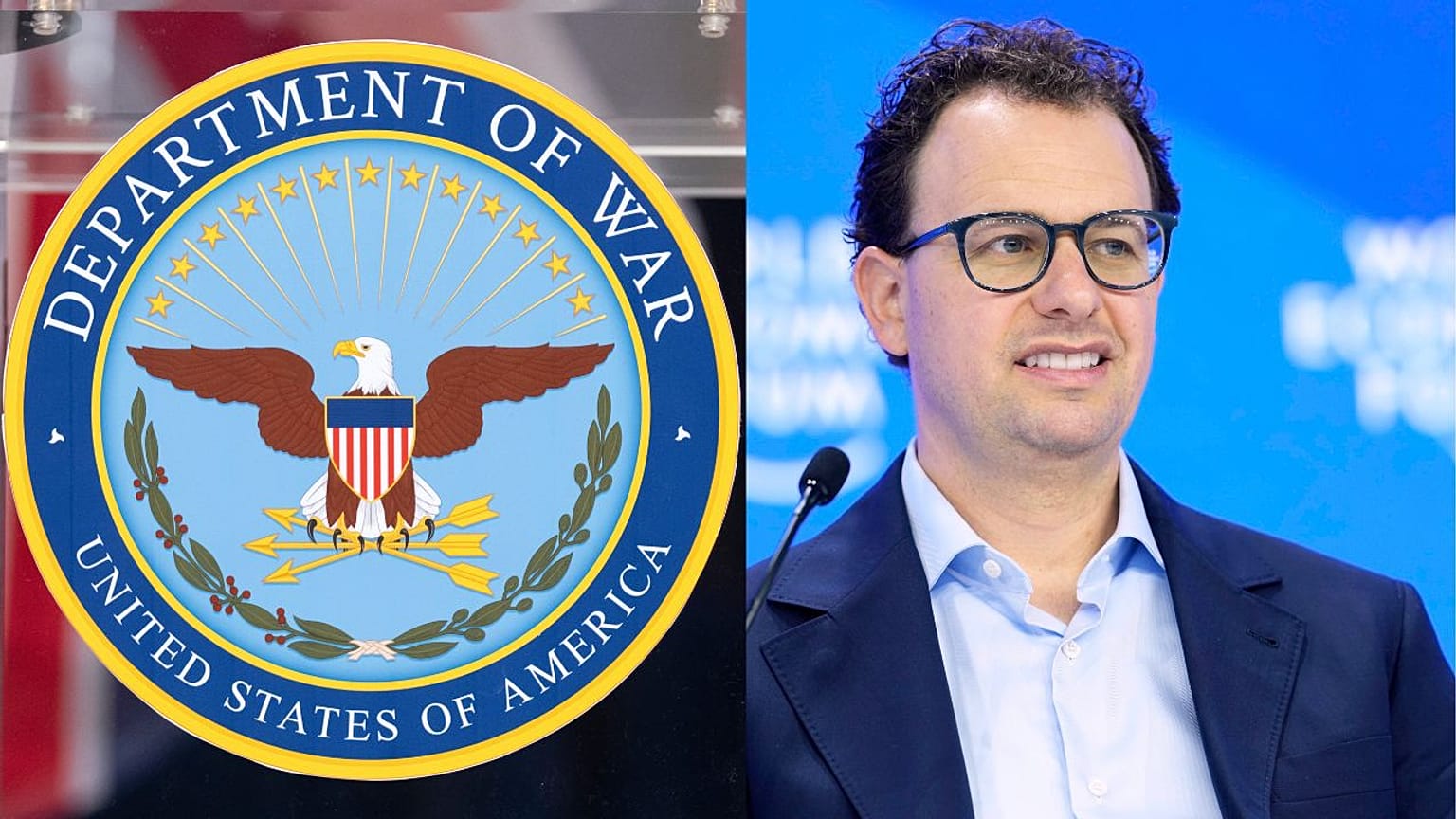 Dario Amodei, CEO e cofondatore di Anthropic (a destra). Il sigillo è visibile su un podio al Pentagono (a sinistra).