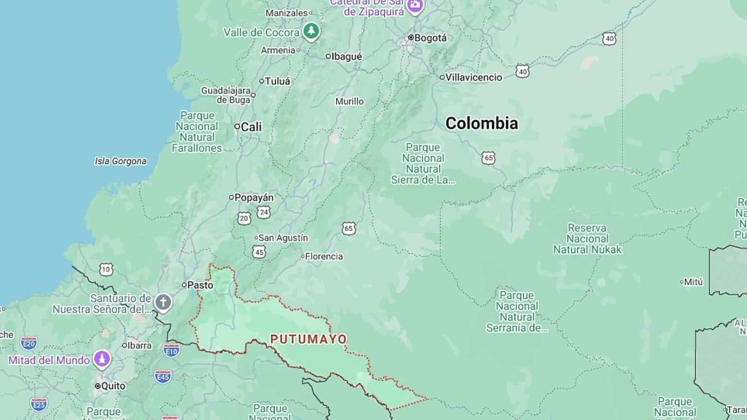 Η περιοχή Putumayo της νότιας Κολομβίας σε χάρτη.