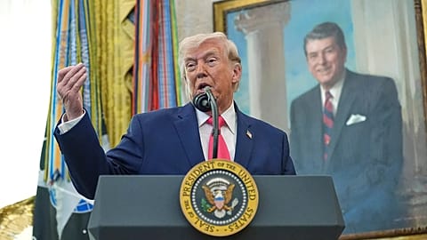 US President Donald Trump speaks during the swearing in for Homeland Security Secretary Markwayne Mullin in the Oval Office of the White House, 24 March, 2026