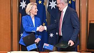 EU Commission President Ursula von der Leyen and Australian Prime Minister Anthony Albanese sign a joint statement in Canberra, Tuesday, March 24, 2026.