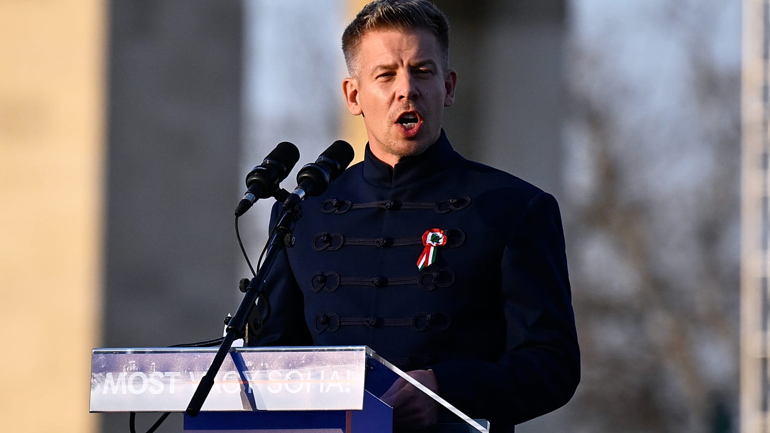 Opposition leader Peter Magyar addresses his supporters during a march in Budapest, Sunday, March 15, 2026. (AP Photo/Denes Erdos)