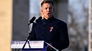 Opposition leader Peter Magyar addresses his supporters during a march in Budapest, Sunday, March 15, 2026. (AP Photo/Denes Erdos)