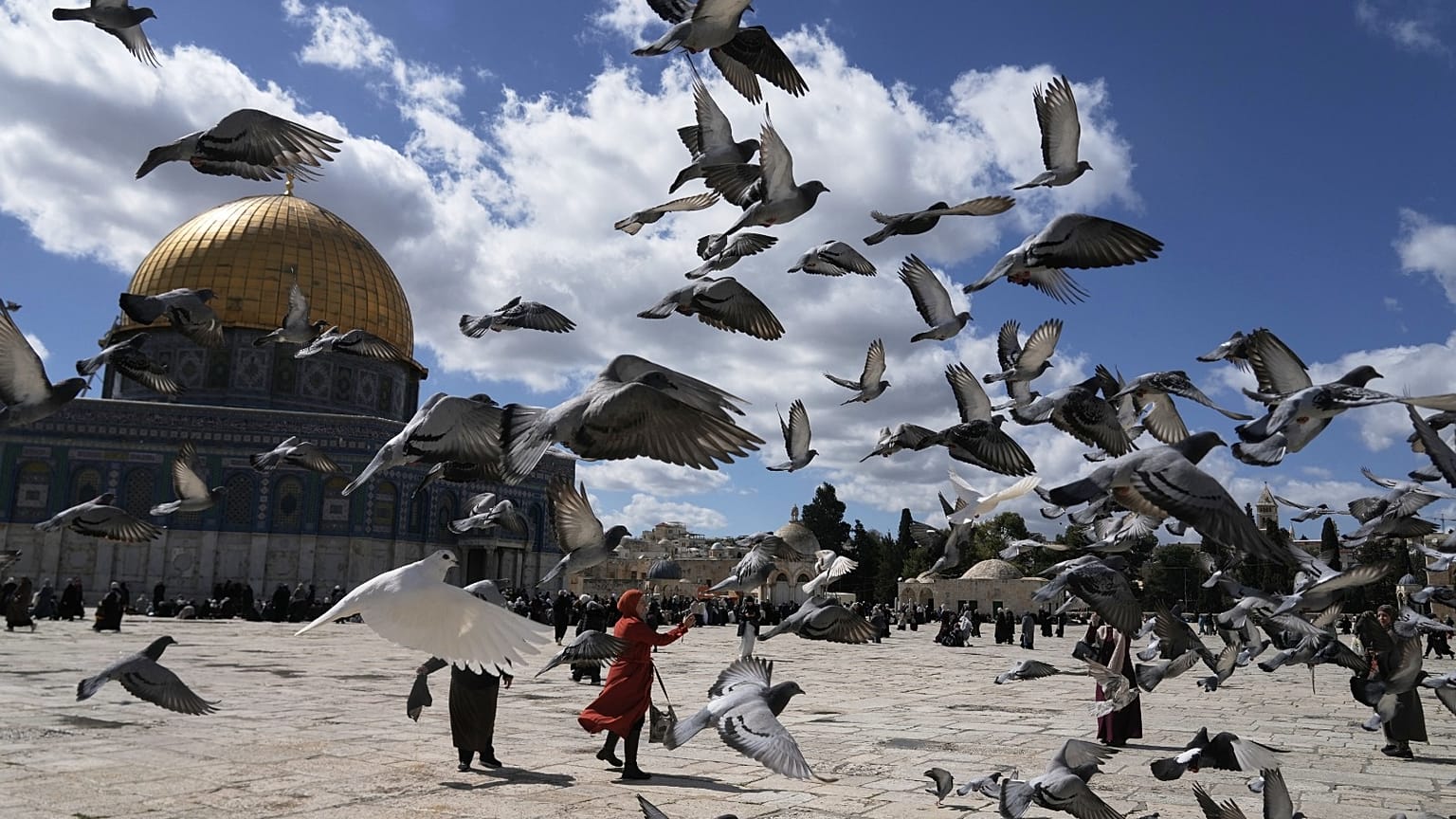 الحمام يحلق في سماء المنطقة مع وصول المصلين إلى مجمع المسجد الأقصى لأداء صلاة الجمعة في البلدة القديمة بالقدس، الجمعة 27 فبراير 2026.