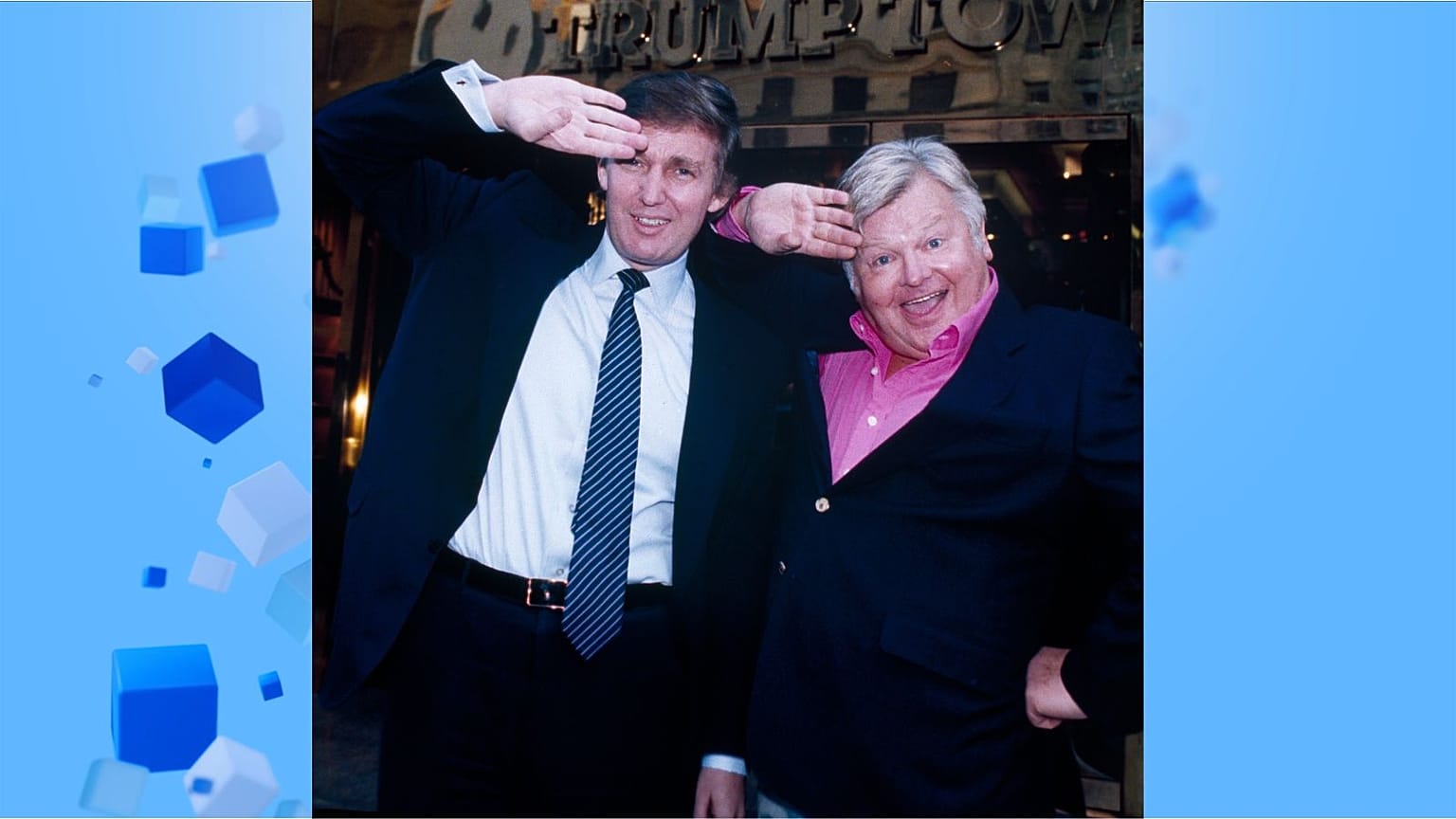 دونالد ترامپ، در حالی که به همراه هیل در مقابل برج ترامپ در نیویورک عکس می‌گیرند، سلام نظامی معروف بنی هیل را تقلید می‌کند، ۱۷ نوامبر ۱۹۸۹