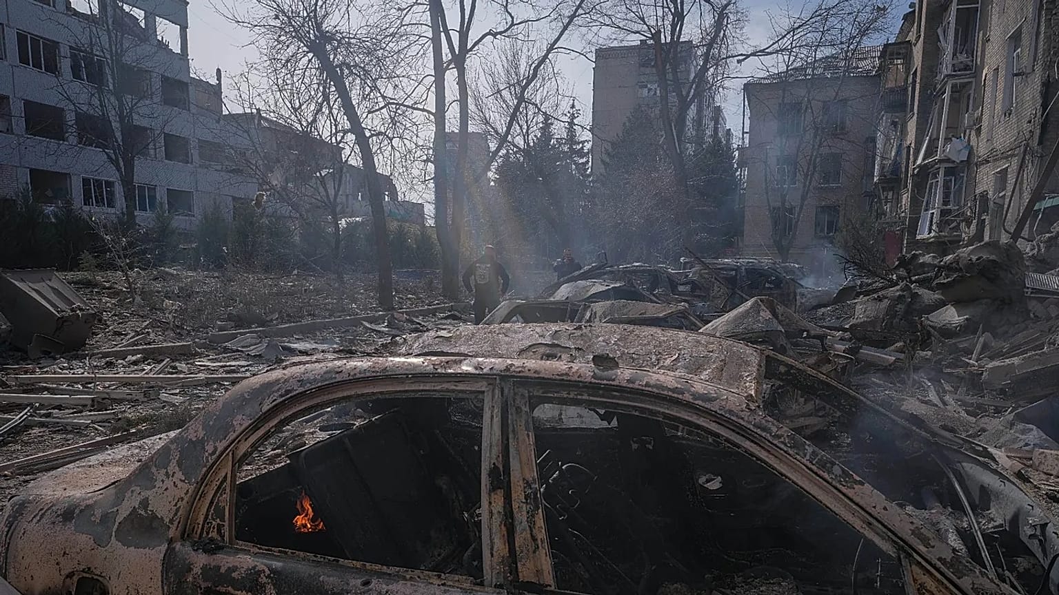 a damaged residential neighbourhood after Russian guided aerial bomb hit the frontline town center, in Druzhkivka, Donetsk region, Ukraine, March 2, 2026