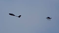A drone hunter intercepts a target drone during drills at the Yatagan School for Unmanned Aerial Systems in the Kyiv region, Ukraine, Thursday, March 19, 2026.