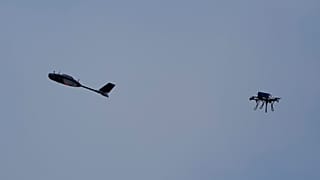 A drone hunter intercepts a target drone during drills at the Yatagan School for Unmanned Aerial Systems in the Kyiv region, Ukraine, Thursday, March 19, 2026.