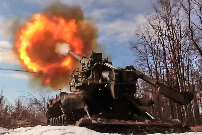 A Russian Pion self-propelled 203 mm cannon fires towards a Ukrainian position, 23 March, 2026