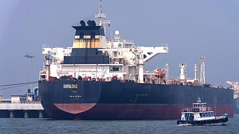 A crude oil tanker at Mumbai Port after transiting the Strait of Hormuz, as shipping risks in the region continue to rise.