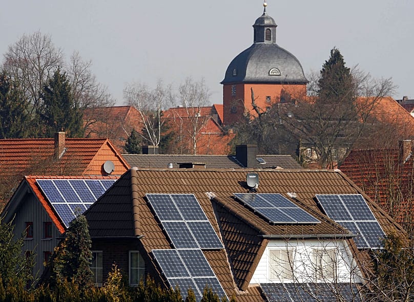 Houses with solar panels on the roofs in Juehnde, Germany, April 2, 2007.
