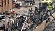 View of burnt ambulances in a car park at Golders Green in London, 23 March, 2026
