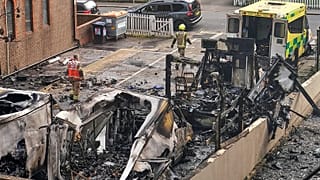View of burnt ambulances in a car park at Golders Green in London, 23 March, 2026