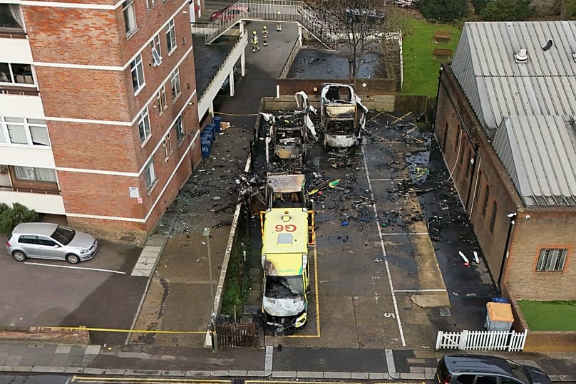 Burnt cars seen in Golders Green after an apparent arson attack on four ambulances, 23 March, 2023