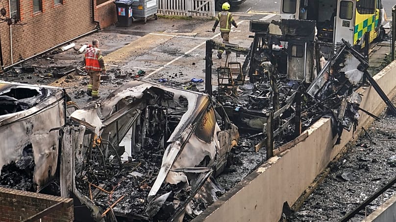  Golders Green in London, Monday, March 23, 2026 after an apparent arson attack on four vehicles belonging to a Jewish ambulance service, Hatzola Northwest