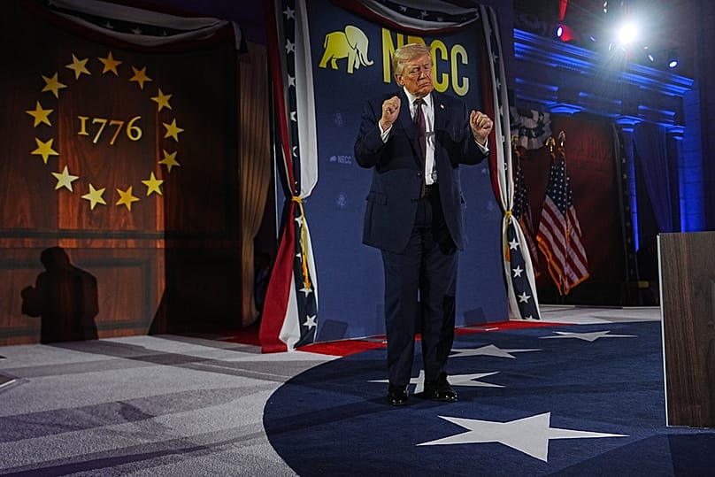 Trump dances after speaking at the National Republican Congressional Committee's (NRCC) annual fundraising dinner, Wednesday, March 25, 2026, at Union Station in Washington