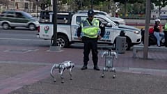 Robotische Hunde im Kontakt mit einem Polizisten auf dem Altamira-Platz
