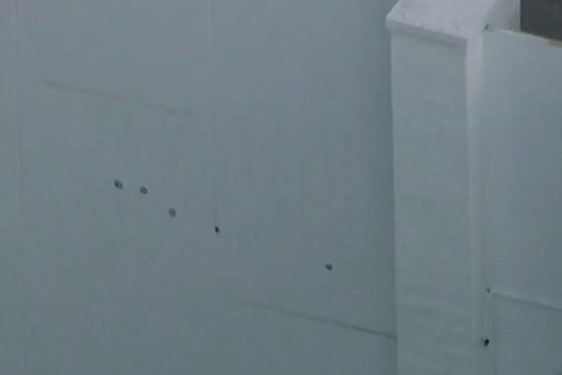 Image taken from video provided by ABC7 Los Angeles on Monday 9 March 2026 shows what appears to be bullet holes on a wall at singer Rihanna's home