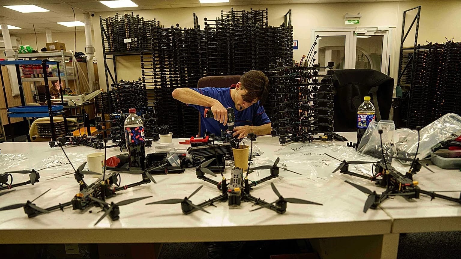 engineer assembles FPV drone of "General Cherry" company at the workshop in Ukraine, on Dec. 4, 2025