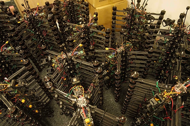 FPV drones are seen in a storage of the workshop of "General Cherry" company in Ukraine, on Dec. 4, 2025