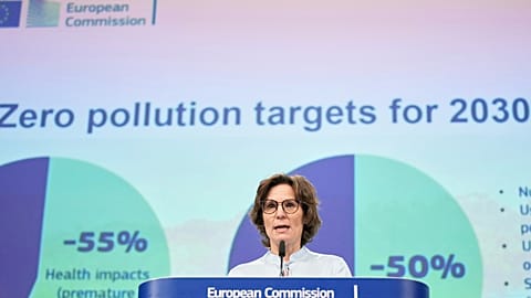 European Commissioner for Environment, Water Resilience Jessika Roswall addresses a media conference on 2030 zero-pollution targets, 3 March 2025.