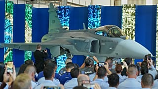 Unveiling of the first F-39E Gripen supersonic fighter jet assembled in Brazil, on Wednesday 25 March 2026. 