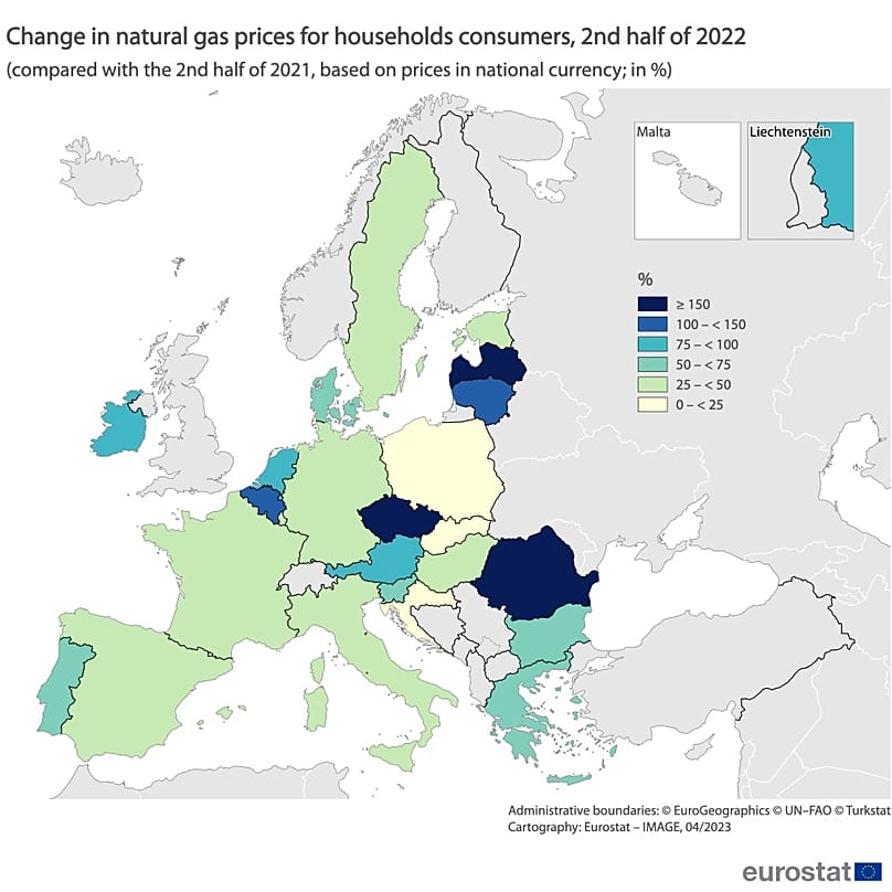 Changes in natural gas prices for households consumers, 2nd half of 2022.
