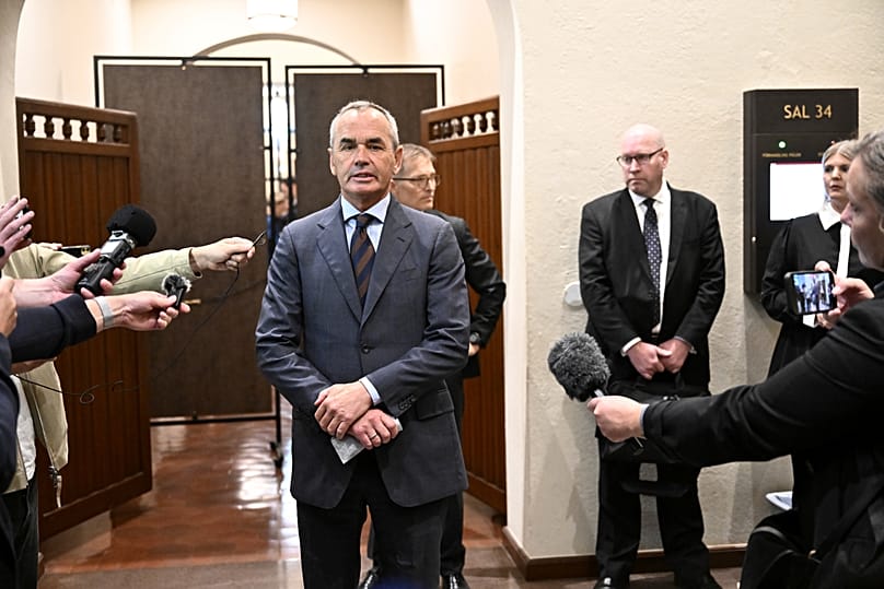 Ian Lundin speaks to journalists in the Stockholm district court in Stockholm, 5 September, 2023