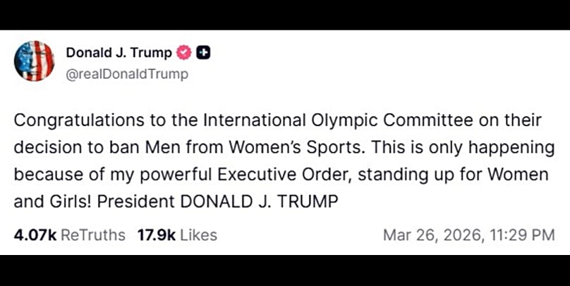 Screen grab of US President Donald Trump's post on Truth Social in reaction to IOC ruling banning transgender women from female Olympic events