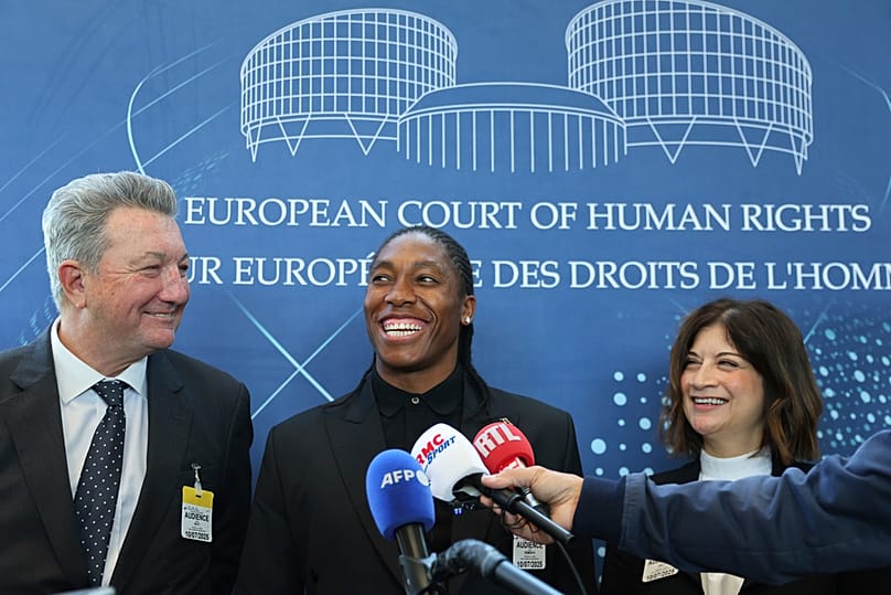 FILE - South Africa athlete Caster Semenya answers reporters after winning a partial victory in her fight against sex eligibility rules, Thursday, July 10, 2025