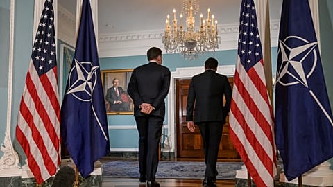 Secretary of State Marco Rubio, right, and NATO Secretary General Mark Rutte, left, depart a photo opportunity at the State Department, April 8, 2026, in Washington.